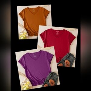 Set of 3 Plus Size V-Neck T-Shirts in Purple, Red, and Pumpkin